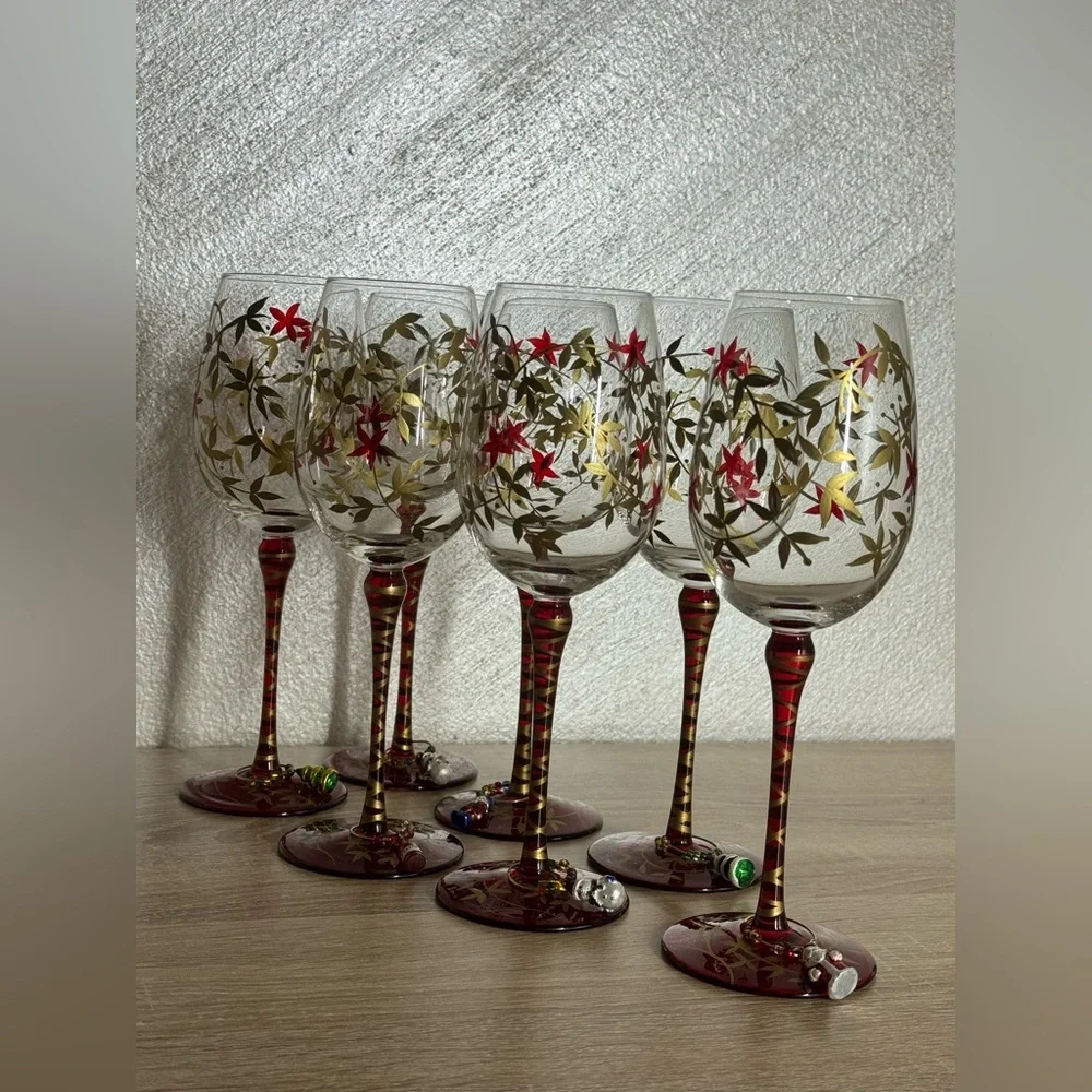 Pier 1 Hand Painted Floral Designs Gold Leaf Glass Water Goblet Set of 7 Glasses